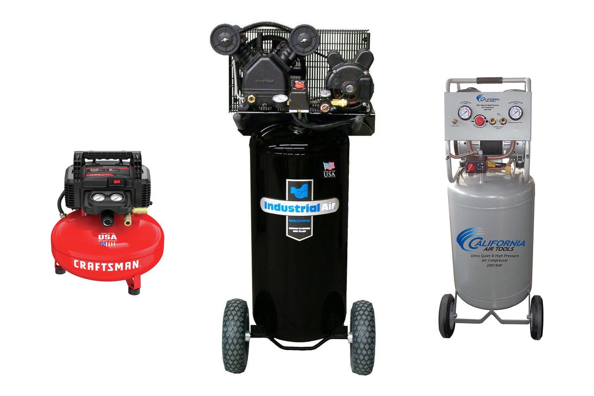 Three different air compressors against a white background.