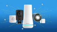 Indoor cams, outdoor cams, motion sensors and other pieces of the SimpliSafe security system are displayed against a blue background.