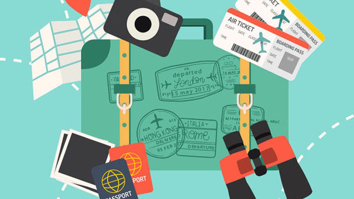 Collage featuring a suitcase, passport, binoculars, a map, a camera, tickers and photographs.