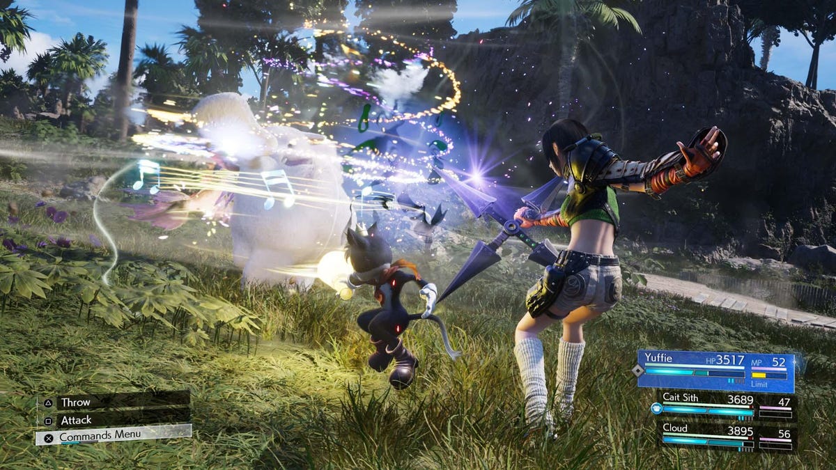 A combat scene where ninja Yuffie and cat Cait Sith use their colorful abilities against enemies.