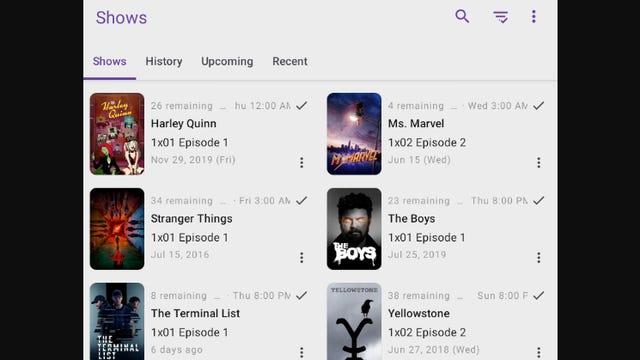 A screenshot of the SeriesGuide listings for Yellowstone, Stranger Things and more