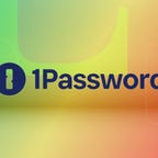 El logotipo de 1Password se muestra sobre un fondo degradado de verde, amarillo y rojo.