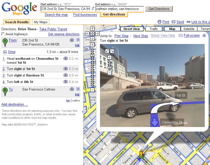 Google Maps directions now are augmented with Street View imagery, where it's available.