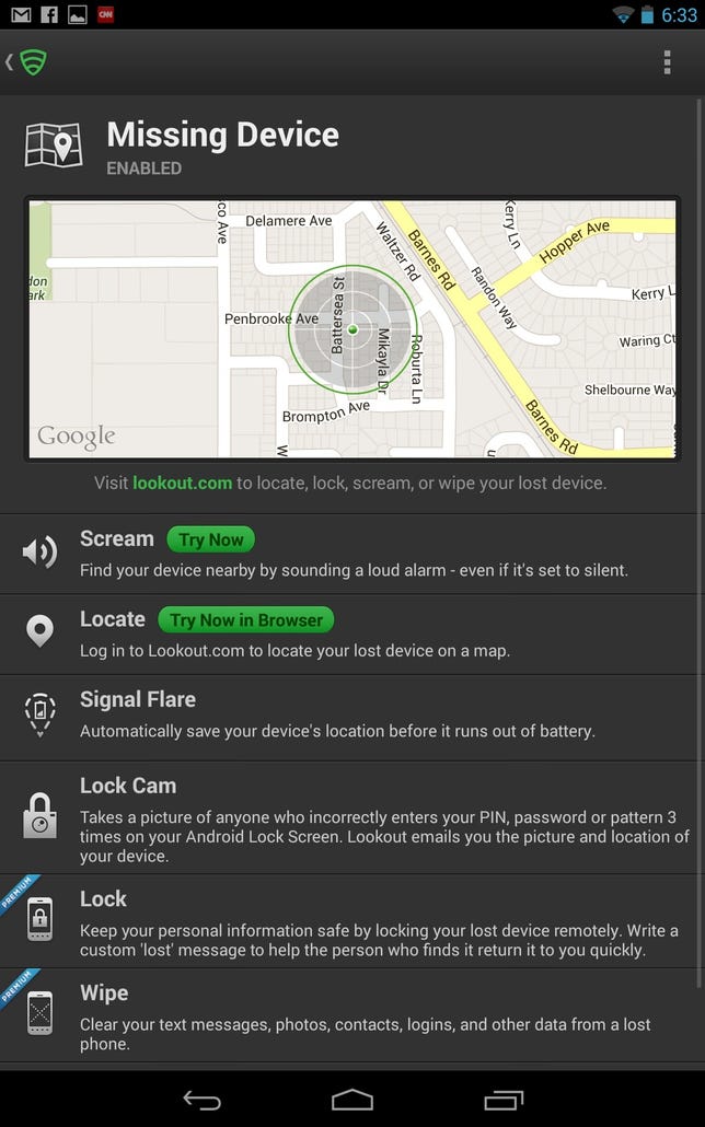 Lookout Mobile Security Missing Device screen