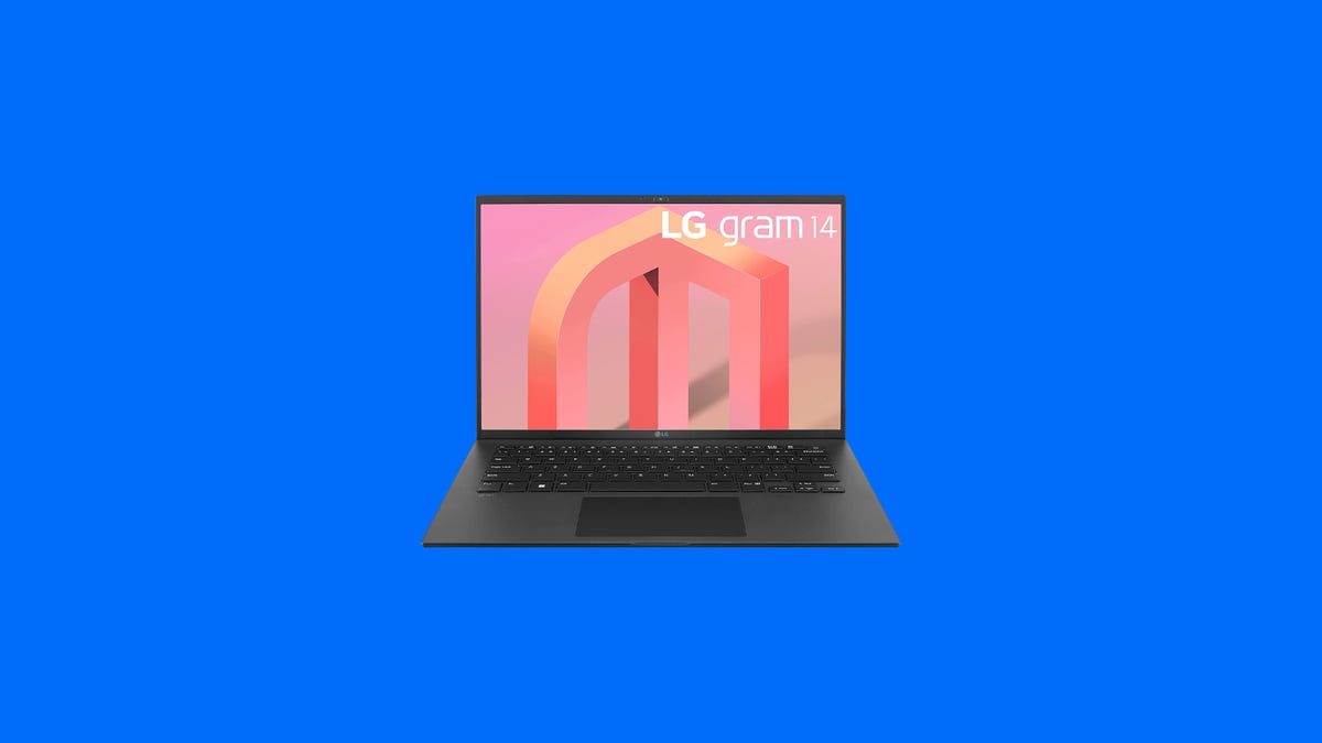 The LG Gram 14 2022 laptop is displayed against a blue background.
