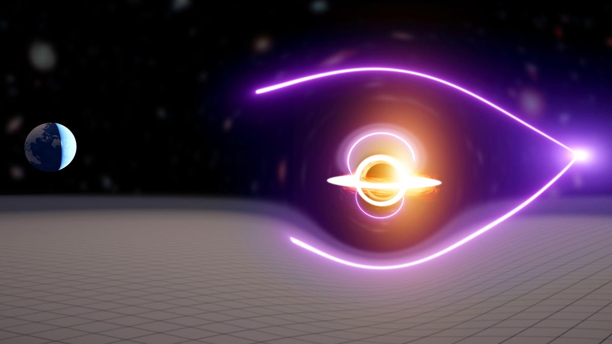 Beams of light bending around a black hole