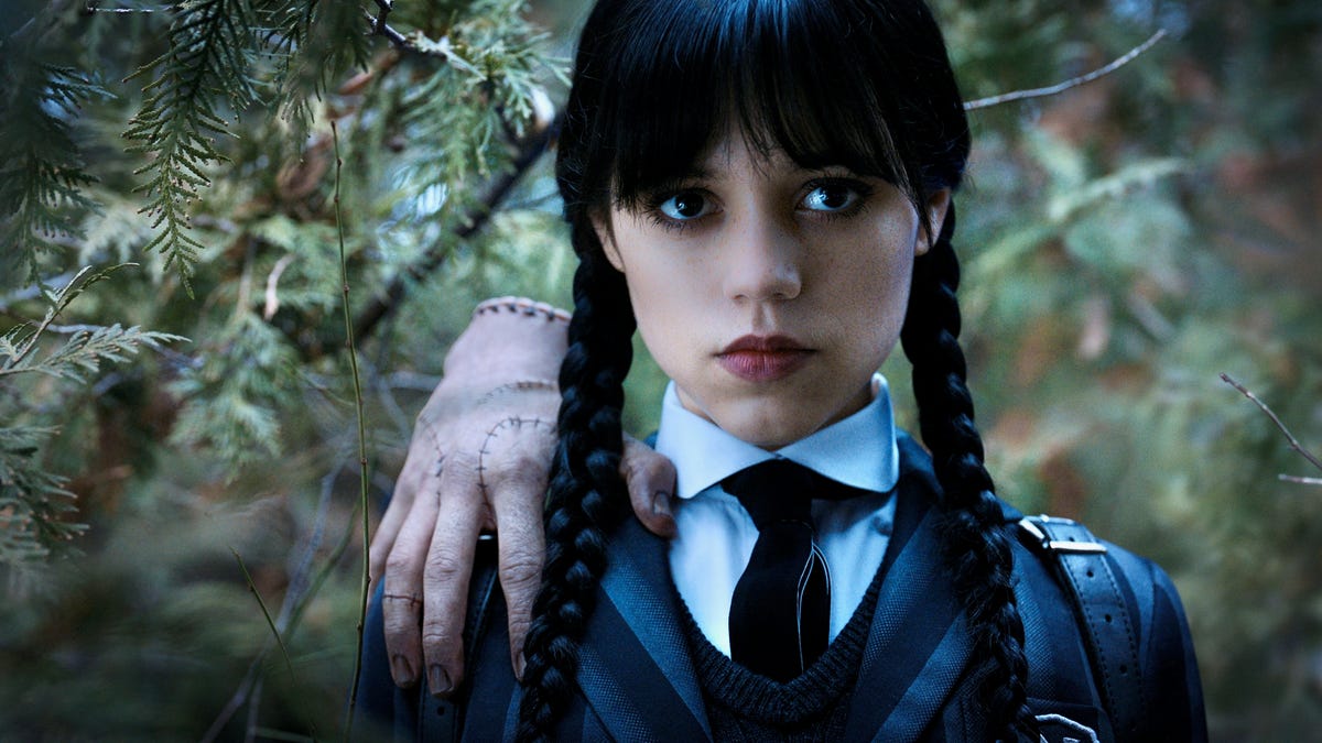 Wednesday Addams, clad in schoolgirl uniform and standing in a spooky pine forest, stares directly at the camera, with big dark eyes and a serious, perhaps slightly wounded expression. The disembodied hand named Thing, gruesome stitches and all, perches on her shoulder, affectionately.
