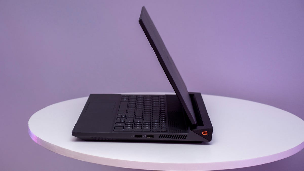 The right side of the 2023 Dell G16 gaming laptop on a white table.