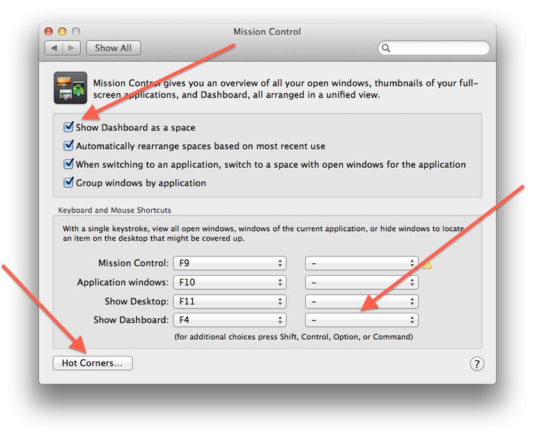 Dashboard options in OS X