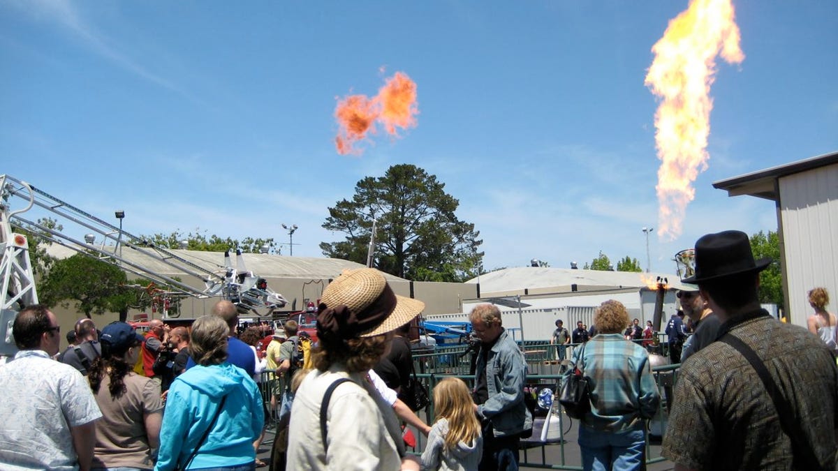 Photo of Maker Faire fire-shooting cannons.