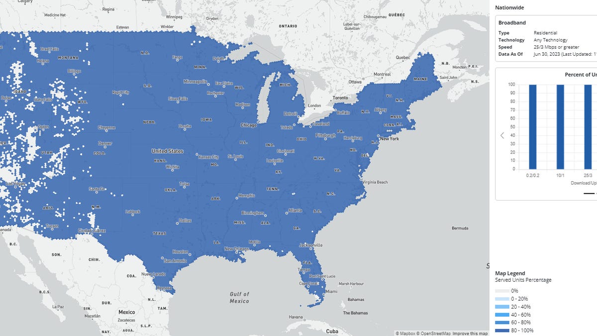 Screenshot of FCC map showing nationwide broadband coverage