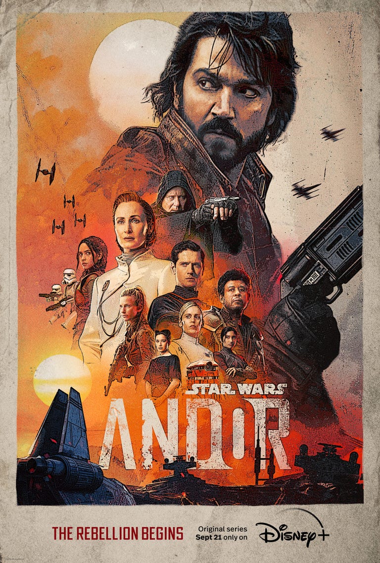 Andor's cast are seen on a poster for the Disney Plus show