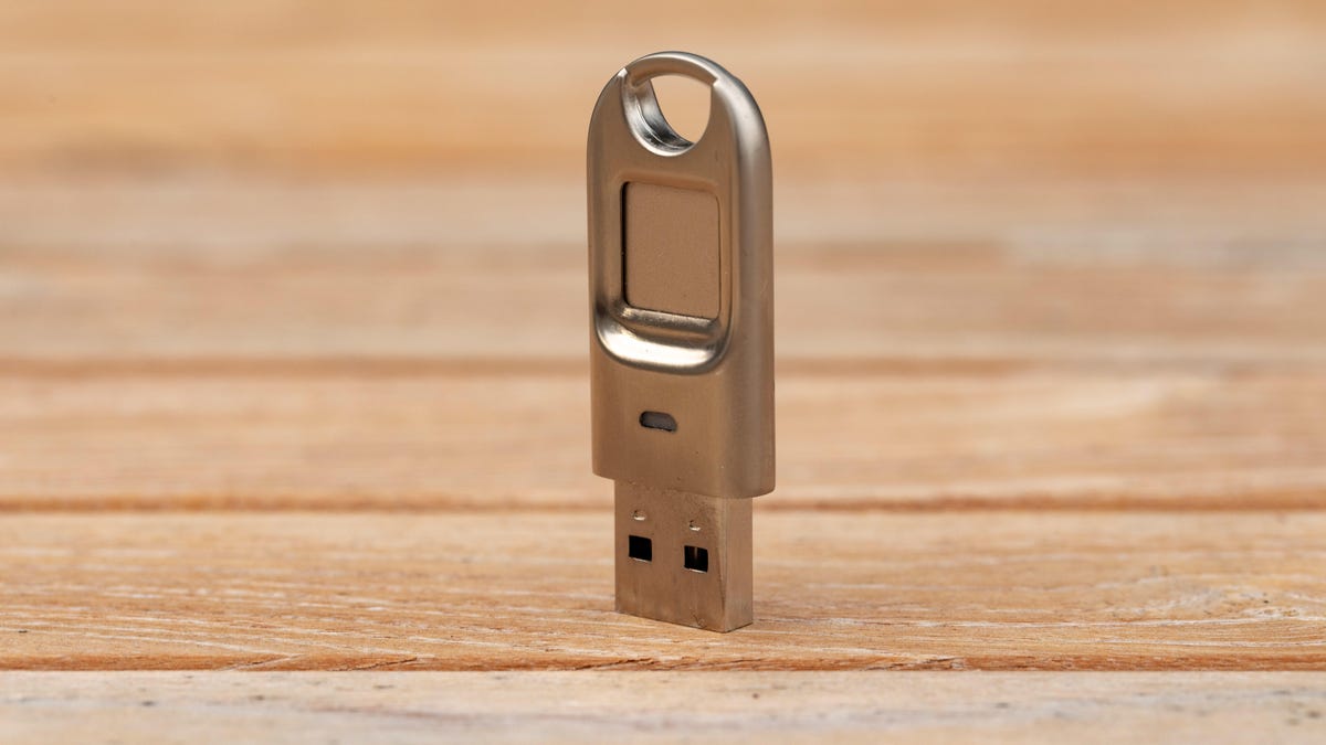 The Feitian USB security key supports FIDO2 authentication technology and its website cousin, WebAuthn, and includes a built-in fingerprint reader.