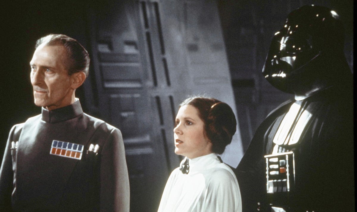 darth vader, Peter Cushing and Carrie Fisher on set of Star Wars Episode 4
