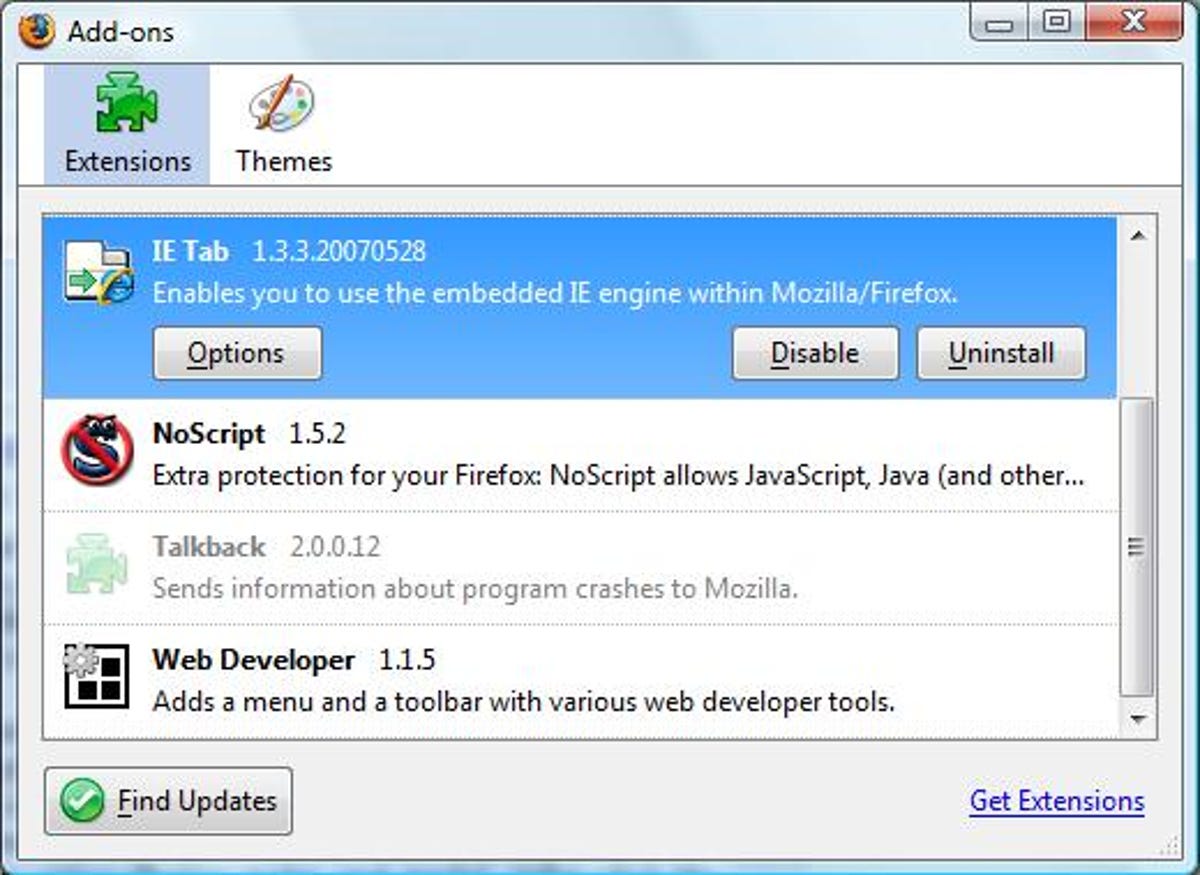 Mozilla Firefox Add-ons dialog box