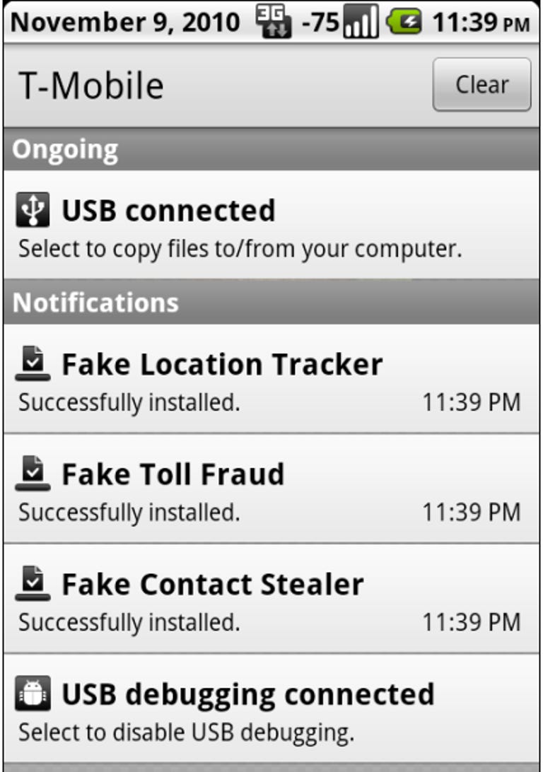 This screen shot shows a list of the fake Android apps that were sneaked onto the phone by a proof-of-concept app created to show a flaw in the mobile platform.
