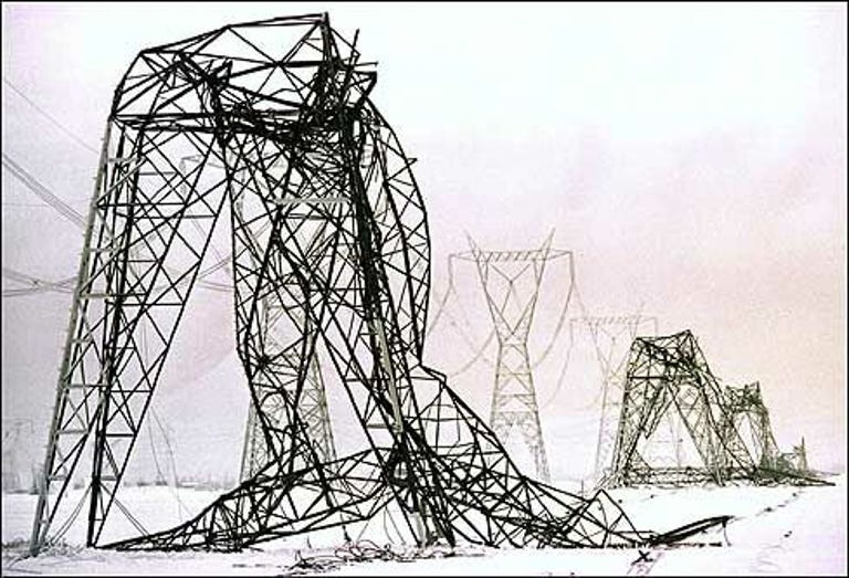 Powerful ice storm collapses high-tension power lines