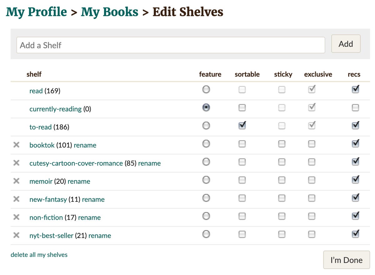 Grid of Goodreads shelves and tags