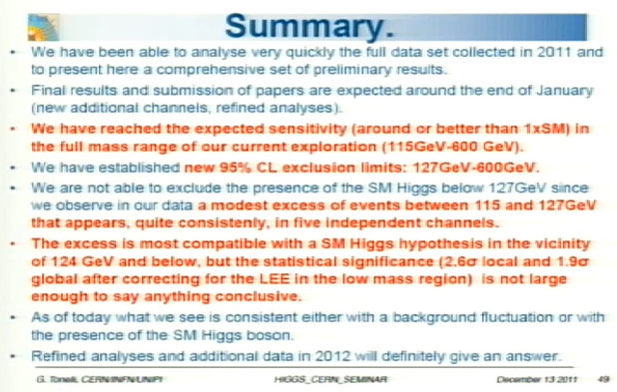 Guido Tonelli's conclusions about the LHC's CMS experiment results about the search for the Higgs boson.
