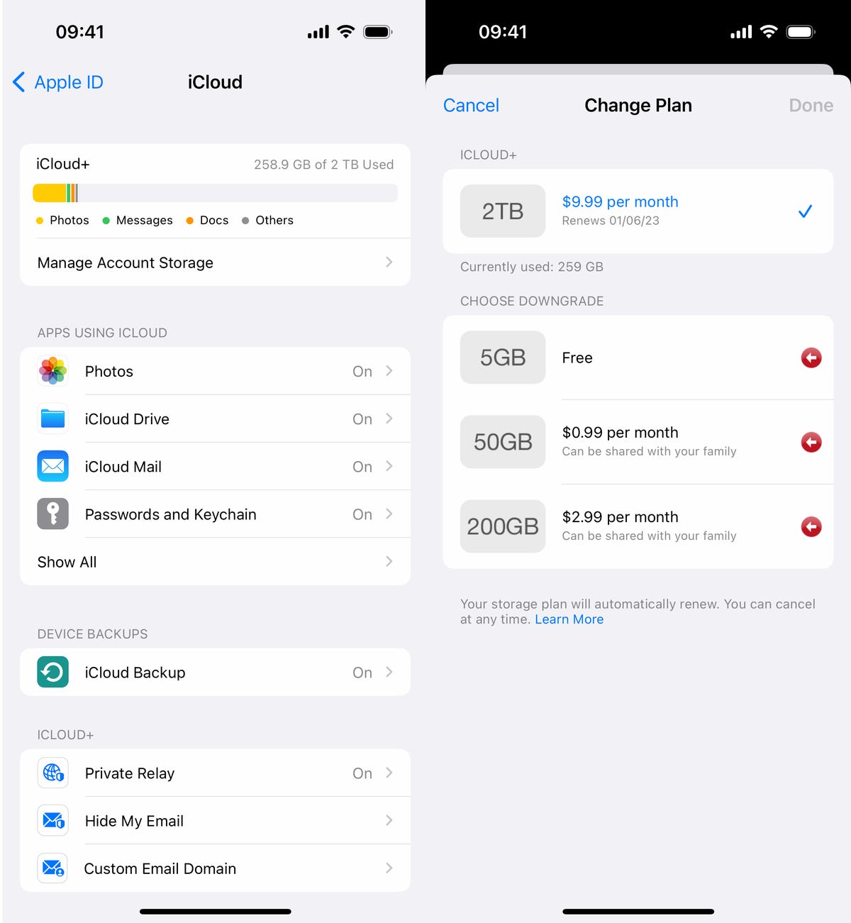Planes de almacenamiento de iCloud en la configuración de iPhone