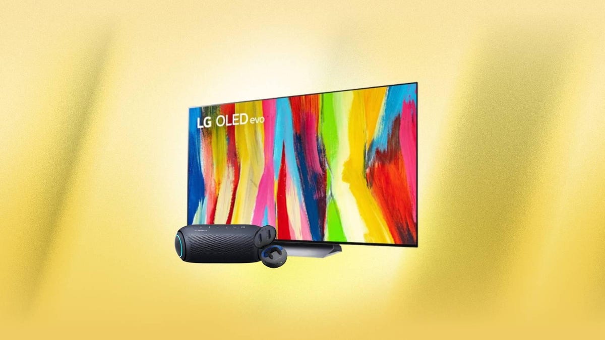 An LG TV, speaker and earbuds against a yellow background.
