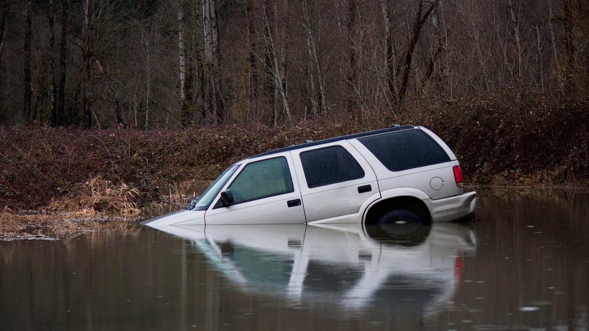 Car partially submerged at the base of a wooded slope