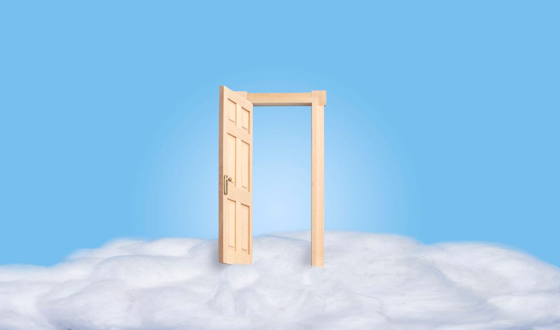 Open door on floating cloud