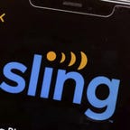 The mobile phone displays the Sling TV logo.