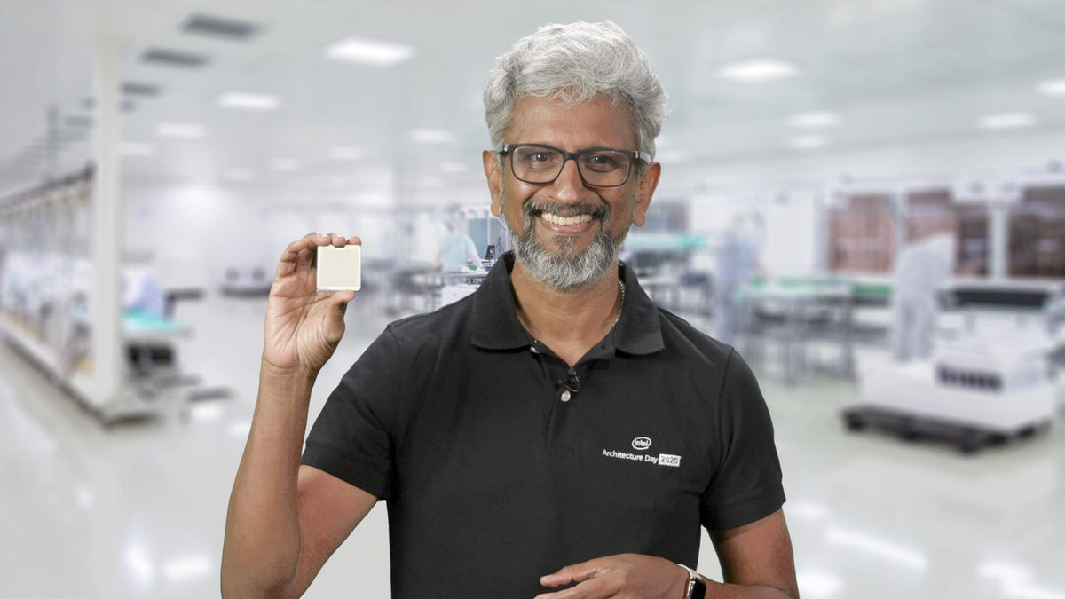 Raja Koduri, Intel's general manager of architecture, graphics and software, shows off a next-generation Xe graphics chip.