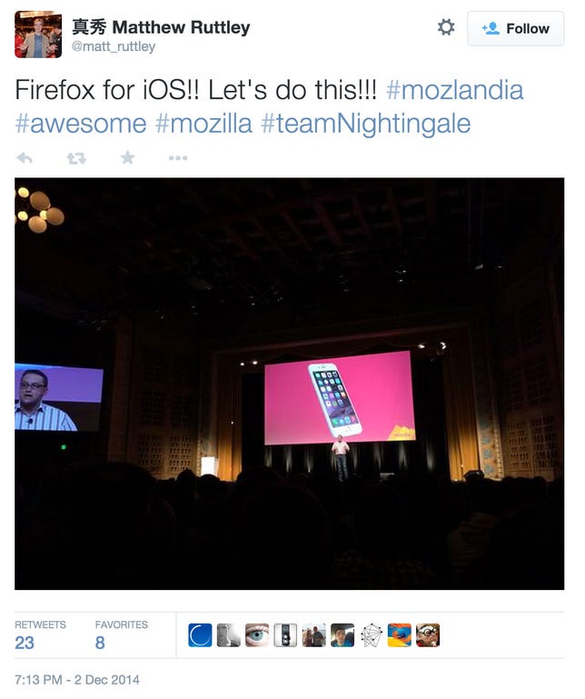 This tweet shows Johnathan Nightingale, vice president of Firefox at Mozilla, stands in front of a photo of an iPhone at Mozilla's Mozlandia event.