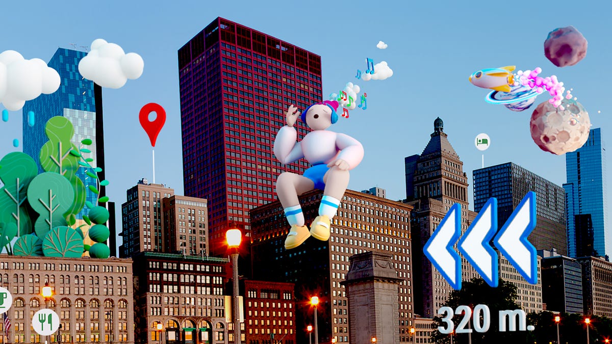 Cartoon characters layered on top of a real city, showing off Google AR