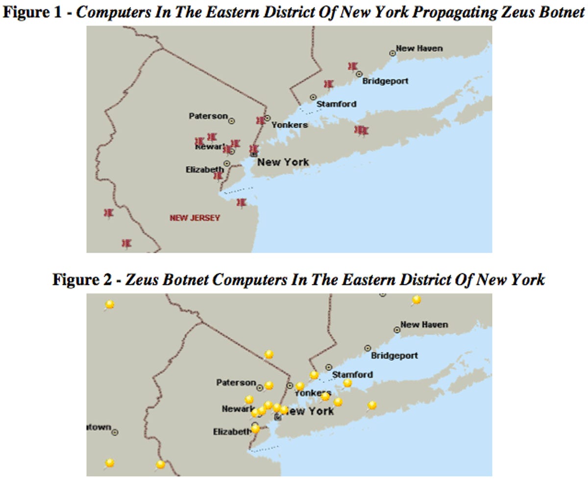 Microsoft's lawsuit shows the locations of Zeus botnets in the Eastern District of New York, where Microsoft and its allies filed their lawsuit.