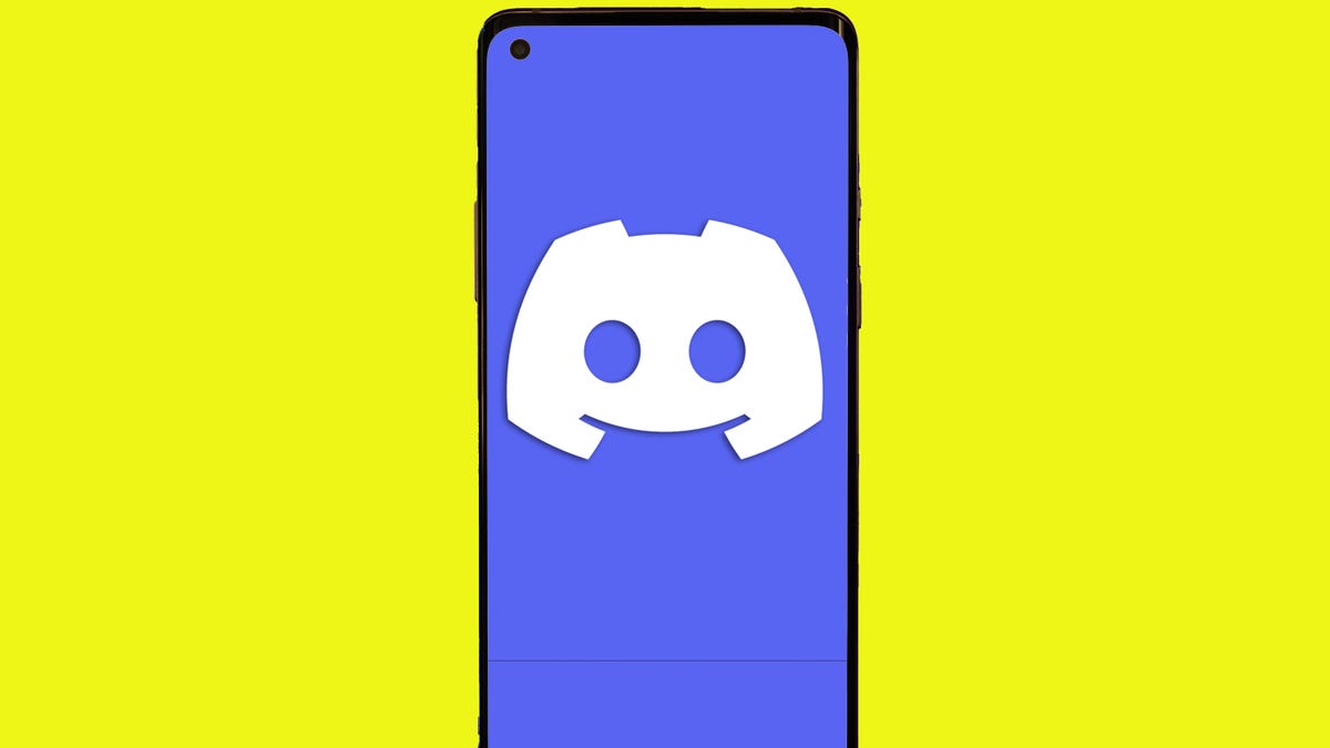 Purple Discord logo on purple phone screen, yellow background