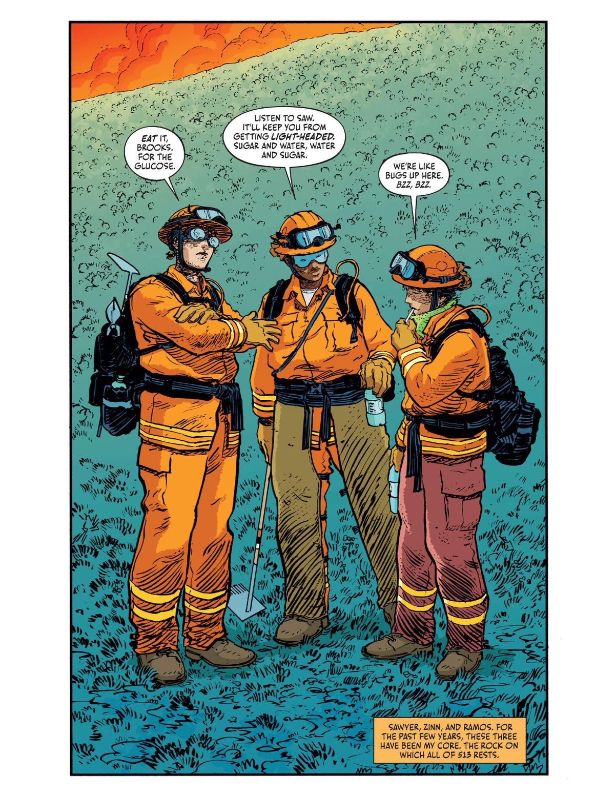 Comic page of three women in firefighter gear, talking