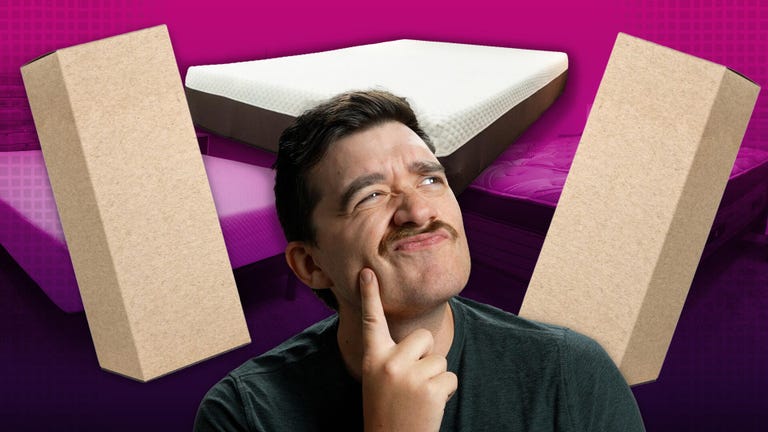 A mattress and two moving boxes against a colorful background with a man in the front.