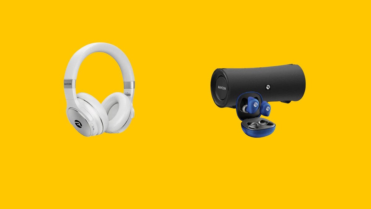 A pair of Raycon headphones and earbuds, along with a speaker, are displayed against a yellow background.