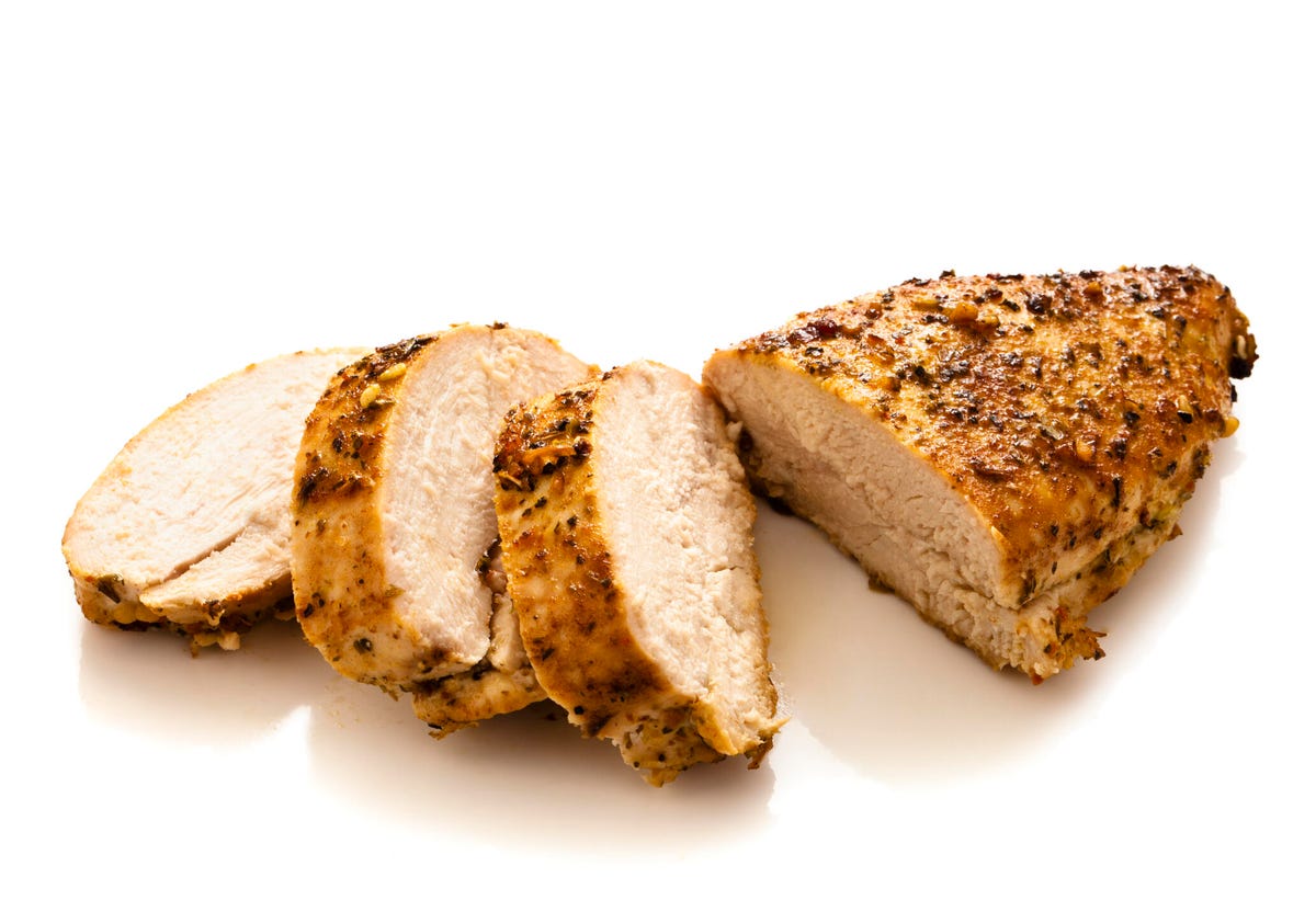 Sliced grilled and seasoned chicken breast