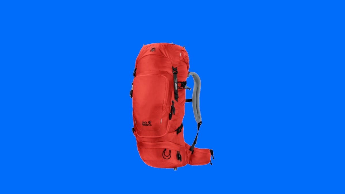 Close up of a men&apos;s red hiking backpack