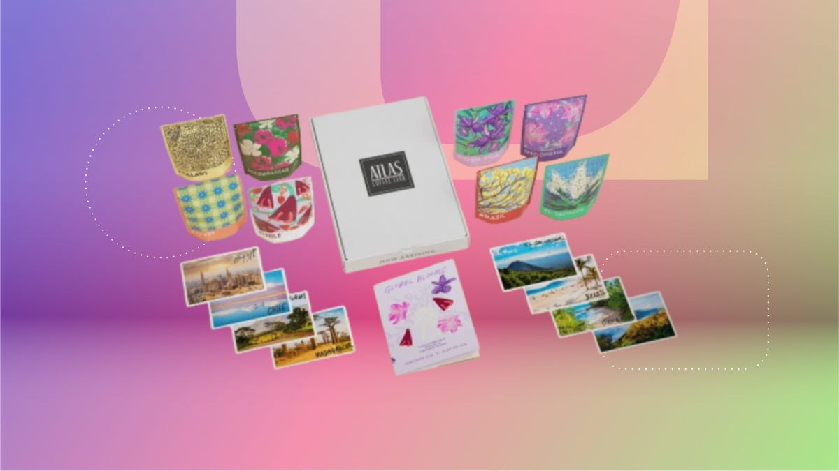 Atlas Coffee Club mothers day gift set against purple/pink/green gradient background