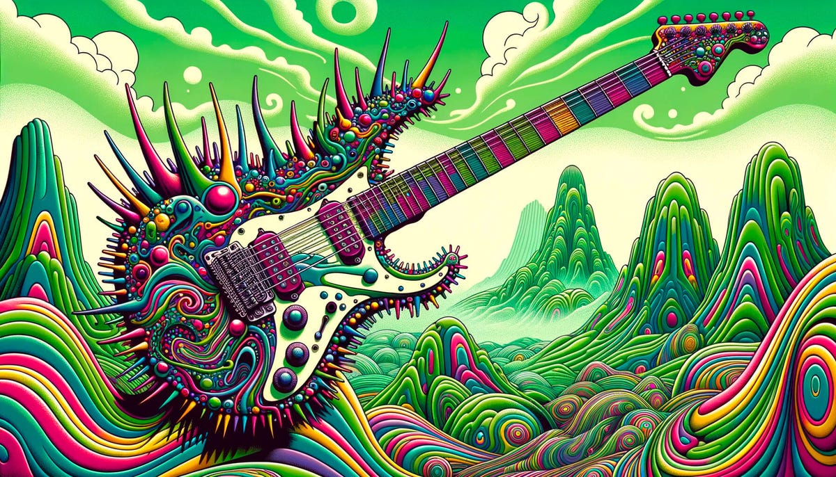 An AI-generated image of a spiky elecric guitar in front of a psychedelic green background