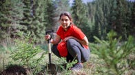 Woman working in forest with shovel