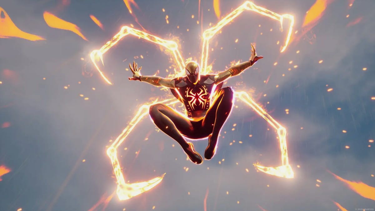Spider-Man in his Midnight Suns, leaping into the air with four magical legs coming out of his back