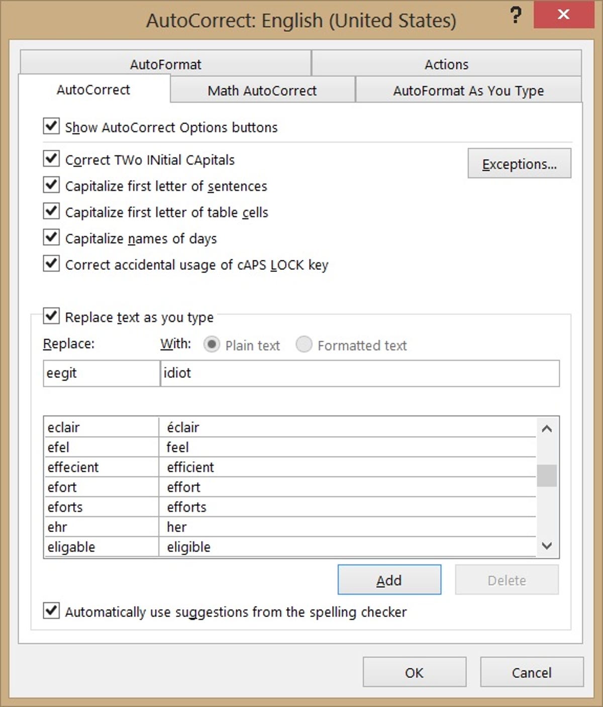 AutoCorrect Options dialog in Microsoft WordMail for Outlook 2013