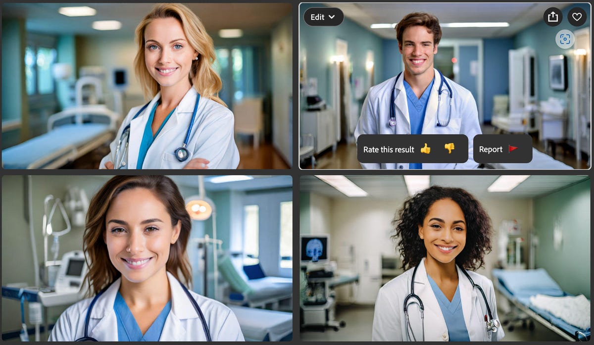 A quartet of images of doctors generated by Adobe's AI