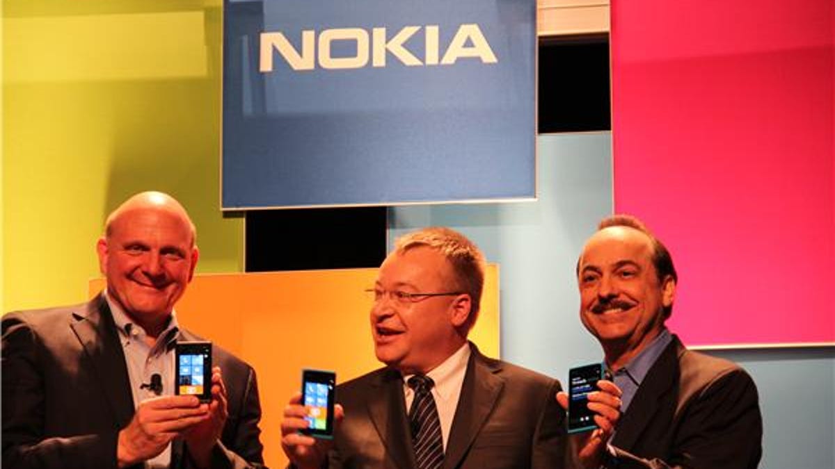 Microsoft CEO Steve Ballmer, Nokia CEO Stephen Elop, and AT&T mobility chief Ralph de la Vega at CES 2012
