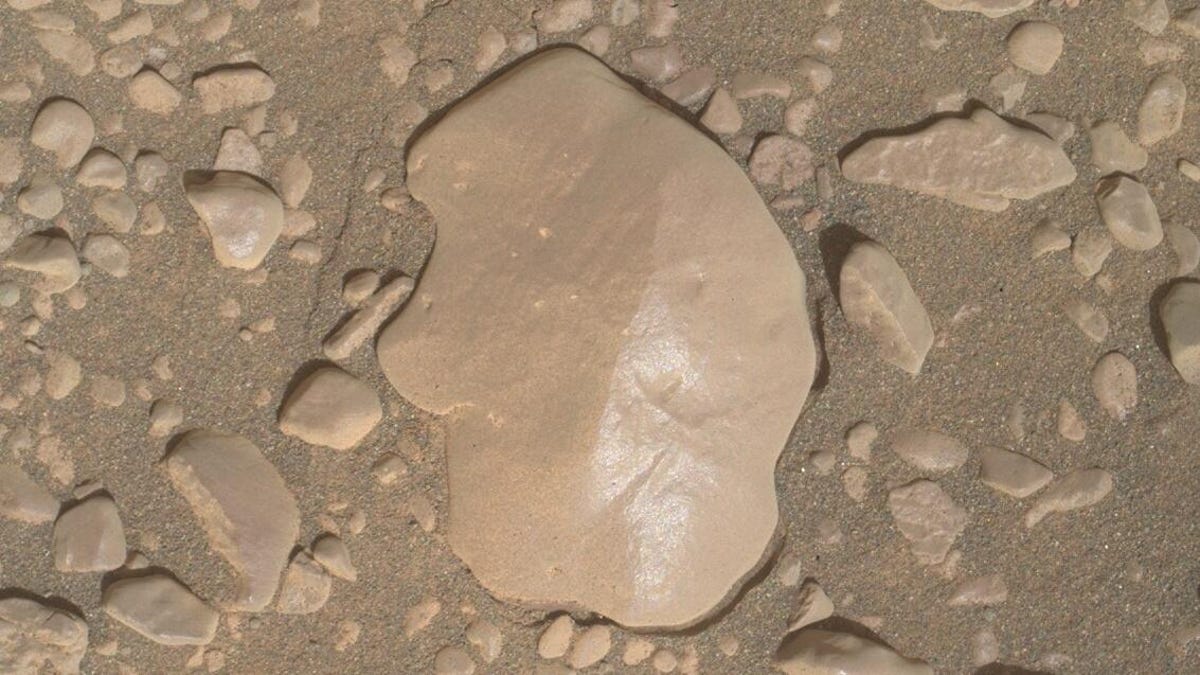 Shiny, pancake-shaped rock sits on pebbly Martain ground. Everything is beige.