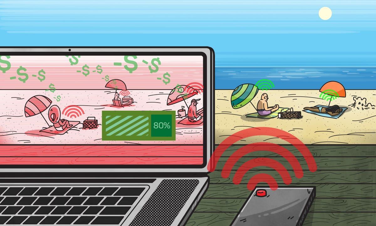 Laptop using Wi-Fi at the beach.