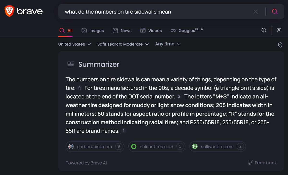 une capture d'écran montrant les résultats de Brave Summarizer pour la recherche de "Que signifient les chiffres sur les flancs des pneus ?"