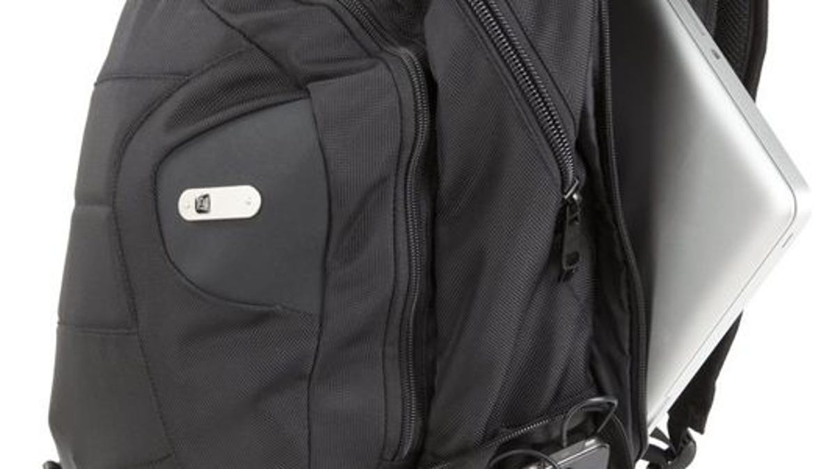 The Powerbag backpack stows a rechargeable battery and connectors for plugging into most mobile devices.
