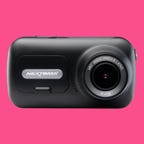 Nextbase dash cam on a pink background